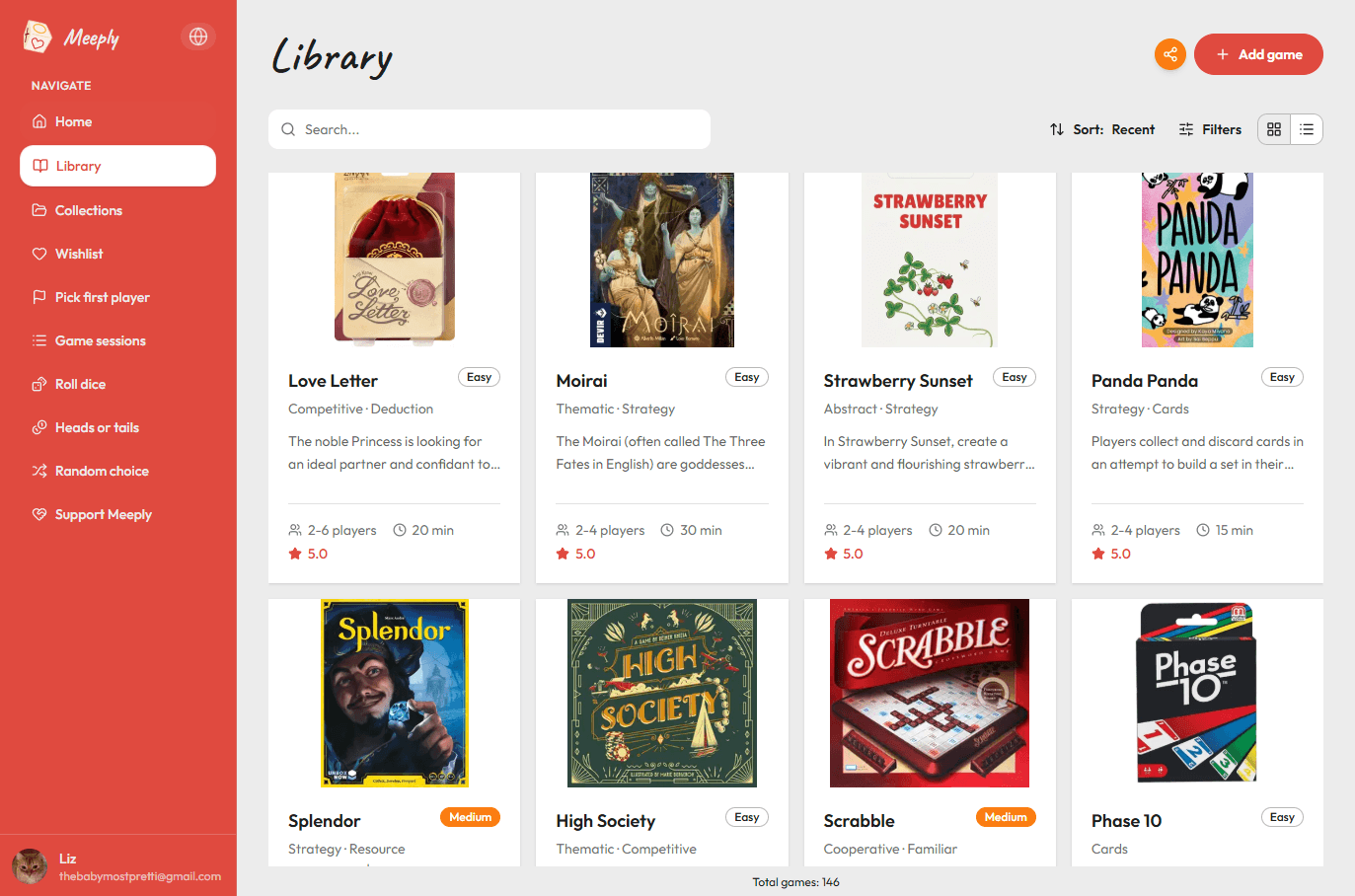 MeeNook library showing board games in a grid