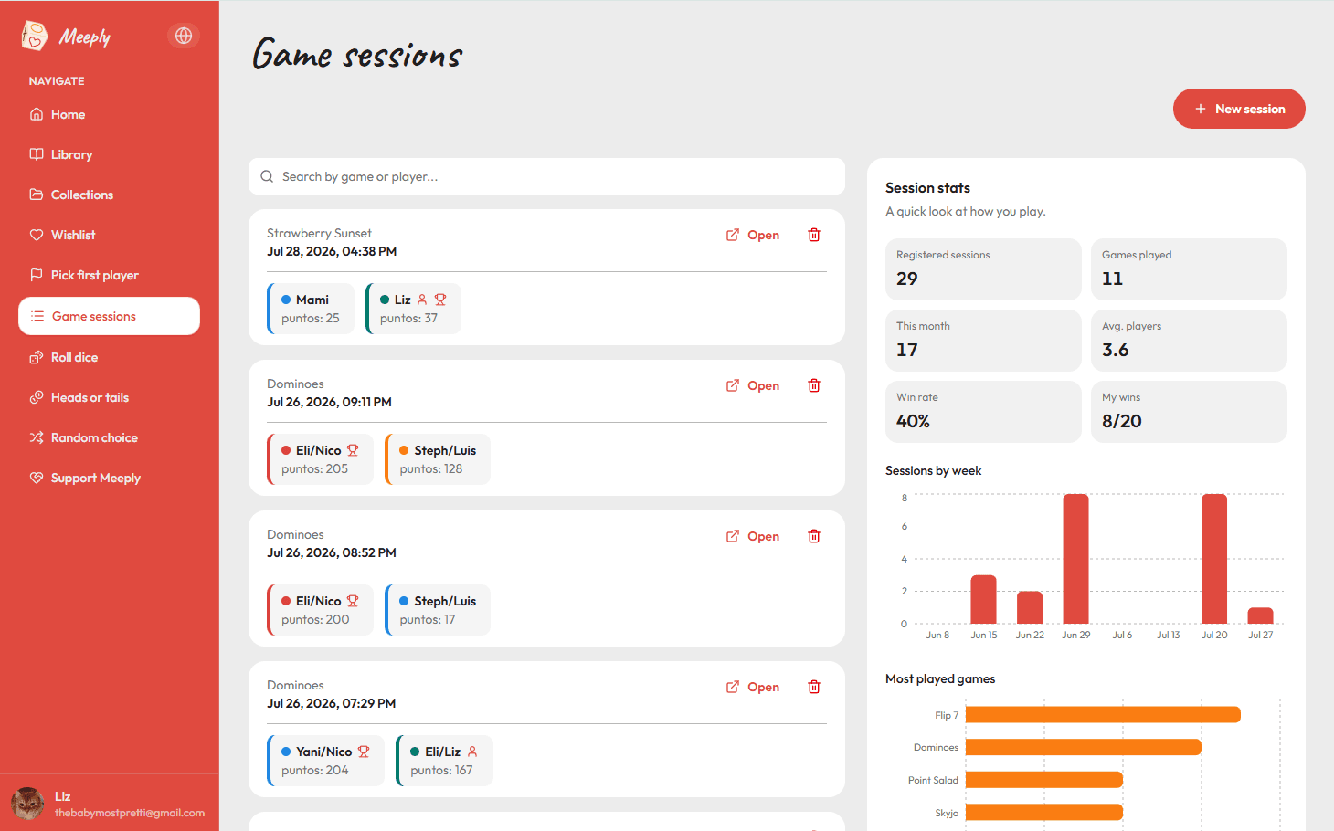 MeeNook game sessions history and stats