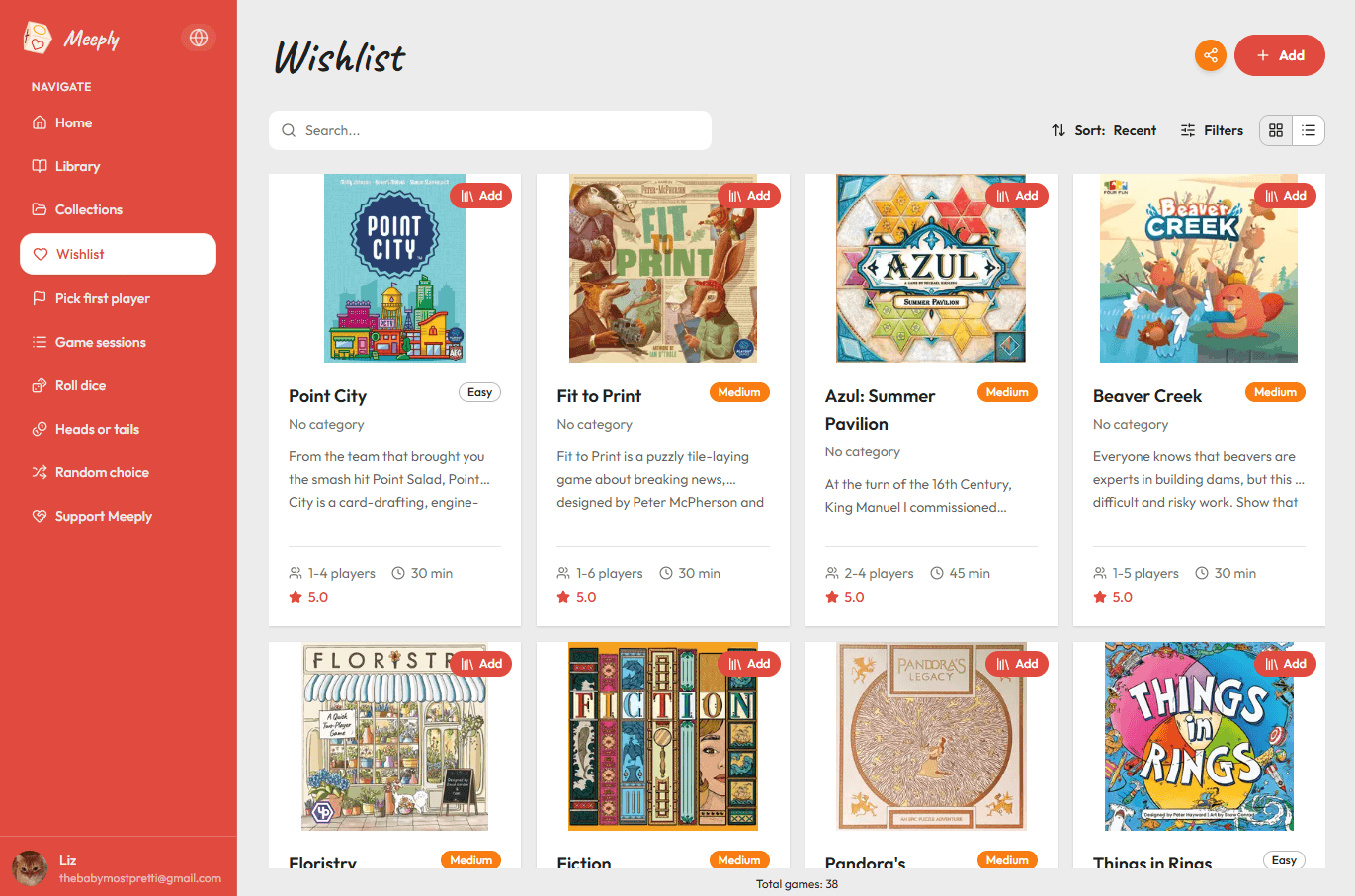 MeeNook wishlist with board games to play next